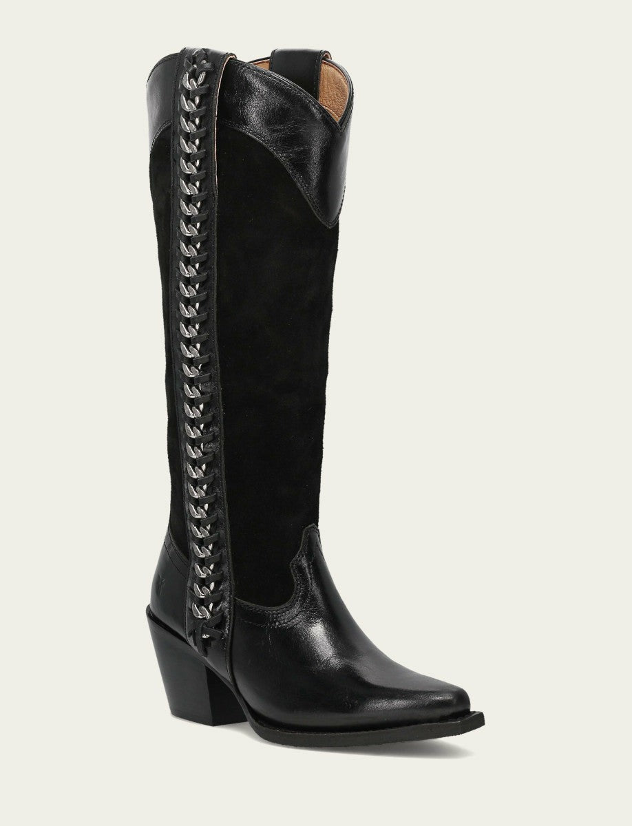 FRYE Women's Black Suede Laila Tall Chain Boot