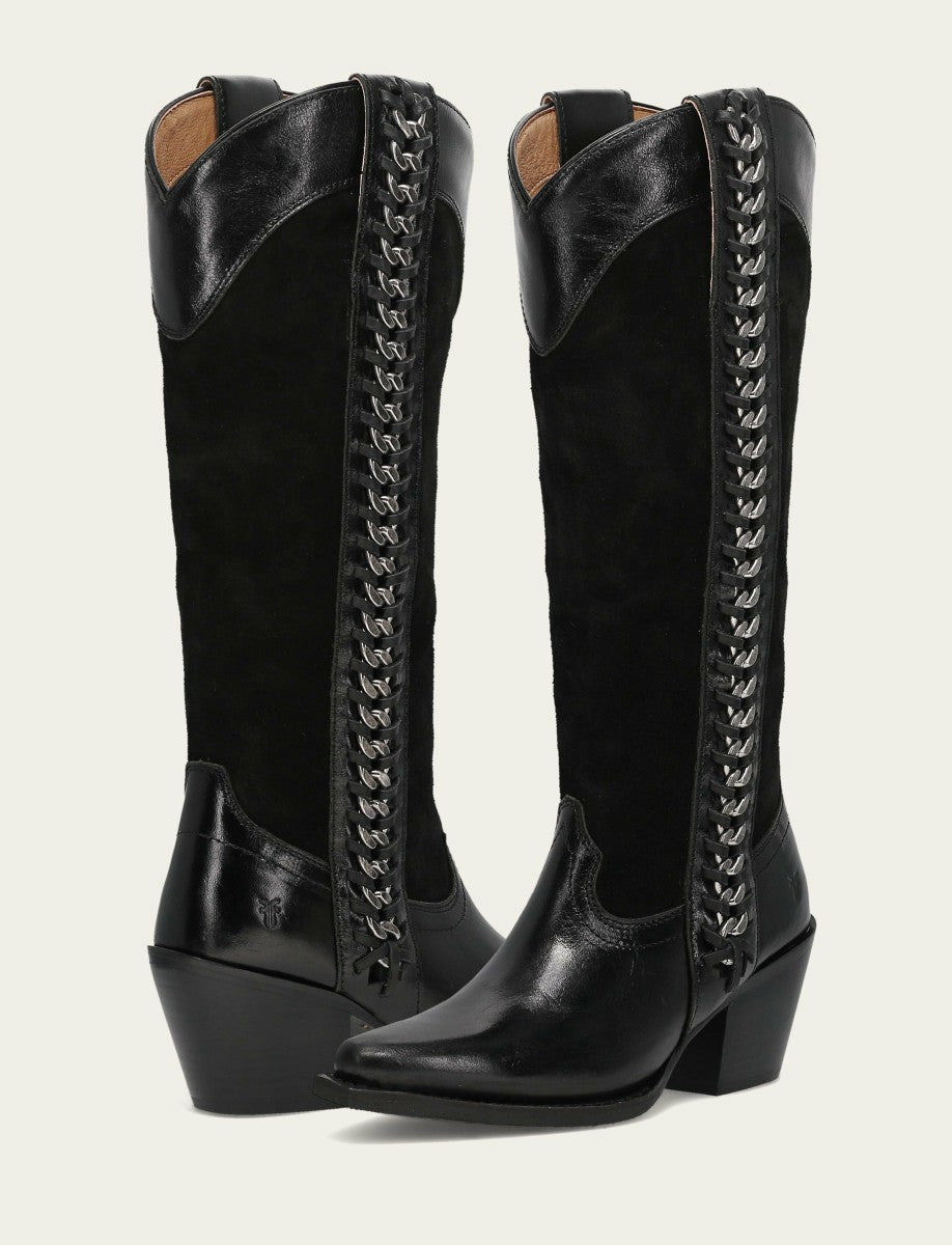 FRYE Women's Black Suede Laila Tall Chain Boot