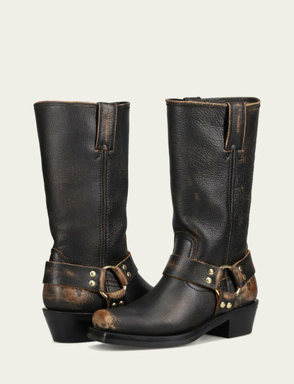 FRYE Women’s Black/Tan Harness 12R Boots