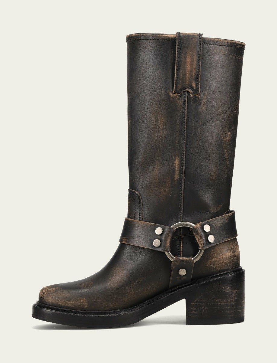 FRYE Women's Distressed Black Kate Harness Leather Boot