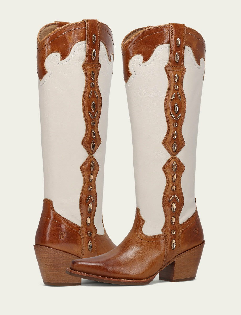 FRYE Women’s Amber Ivory Leather Laila Tall Rhinestone Boots