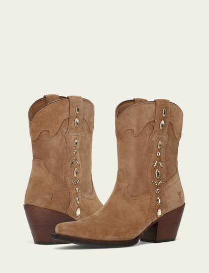 FRYE Women’s Almond Suede Leather Laila Short Rhinestone Booties