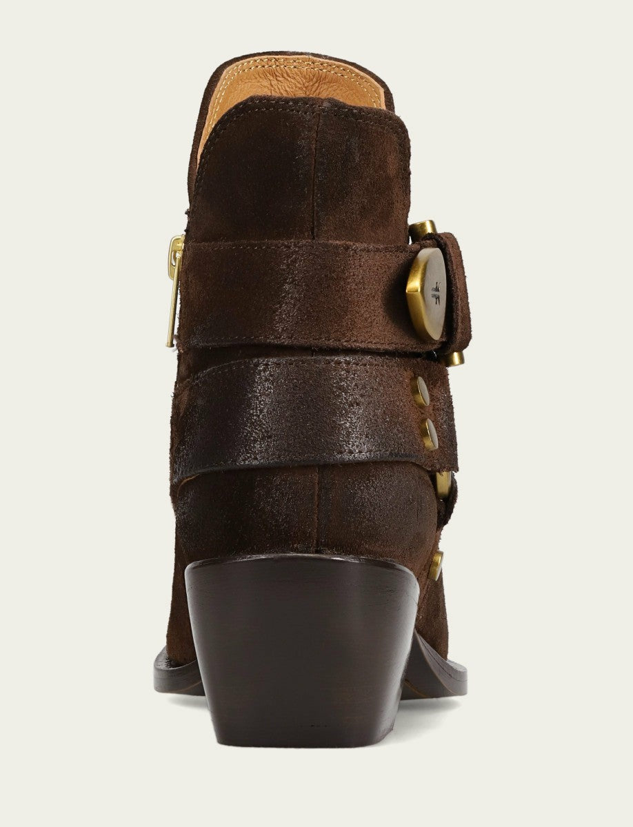 FRYE Women's Chocolate Sacha Multi Strap Booties