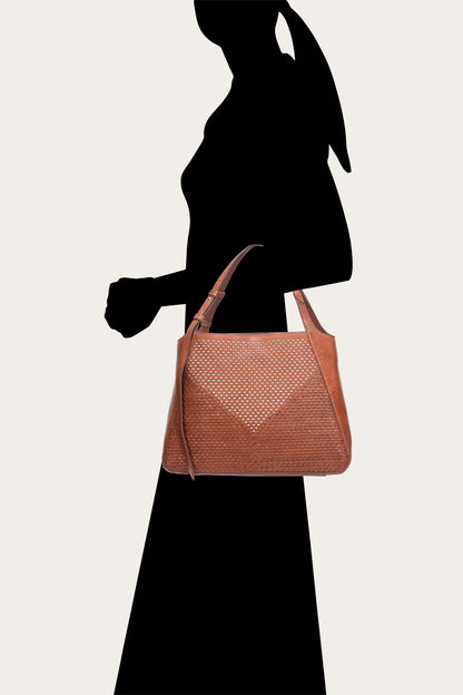 FRYE Women's Cognac Woven Perf Leather Tote
