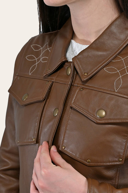 FRYE Women’s Medium Brown Callum Trucker Leather Jacket