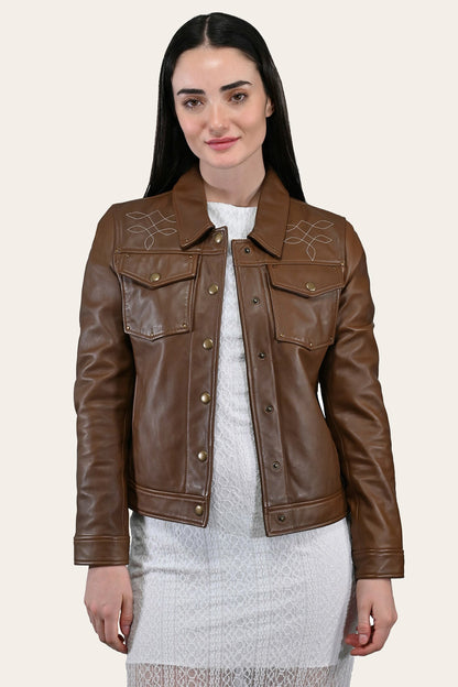 FRYE Women’s Medium Brown Callum Trucker Leather Jacket