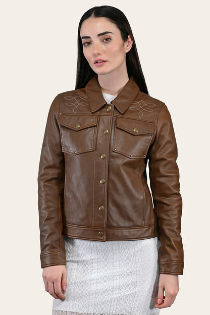 FRYE Women’s Medium Brown Callum Trucker Leather Jacket