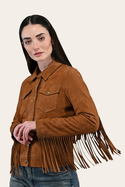 FRYE Women’s Medium Brown Nash Fringed Suede Trucker Jacket