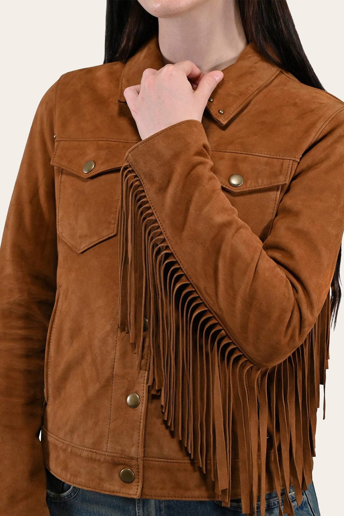 FRYE Women’s Medium Brown Nash Fringed Suede Trucker Jacket