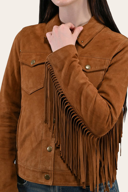 FRYE Women’s Medium Brown Nash Fringed Suede Trucker Jacket