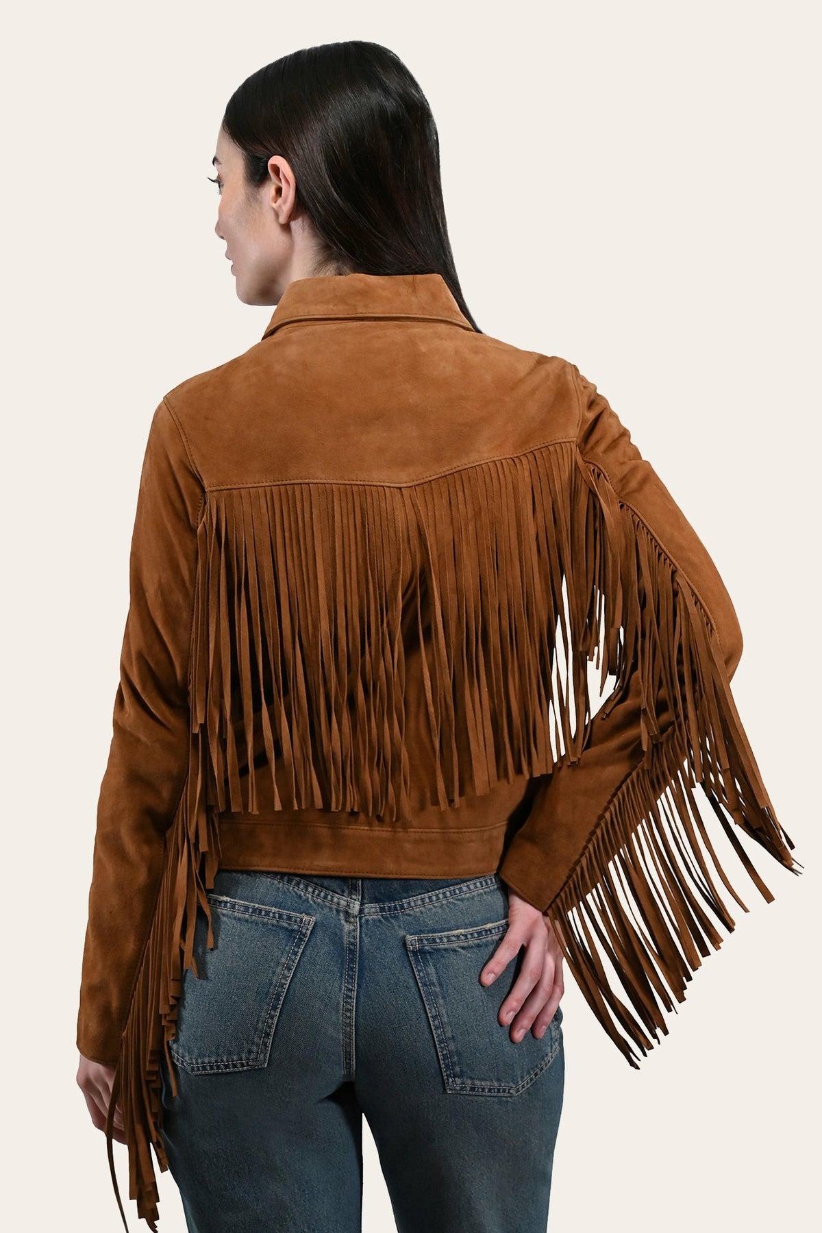 FRYE Women’s Medium Brown Nash Fringed Suede Trucker Jacket