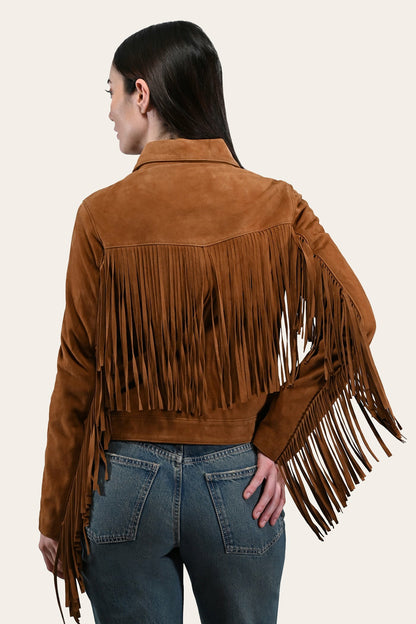 FRYE Women’s Medium Brown Nash Fringed Suede Trucker Jacket