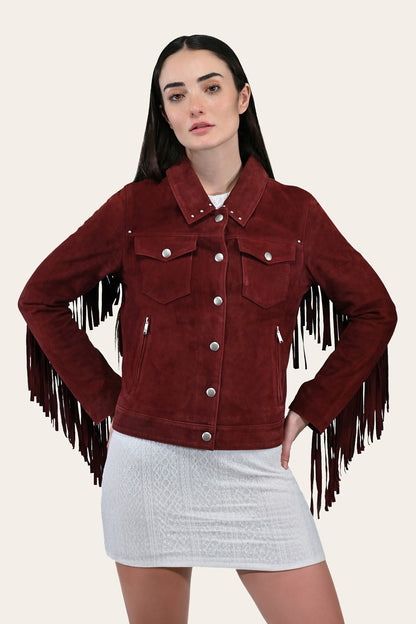 FRYE Women’s Oxblood Nash Trucker Suede Jacket