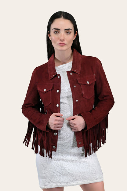 FRYE Women’s Oxblood Nash Trucker Suede Jacket