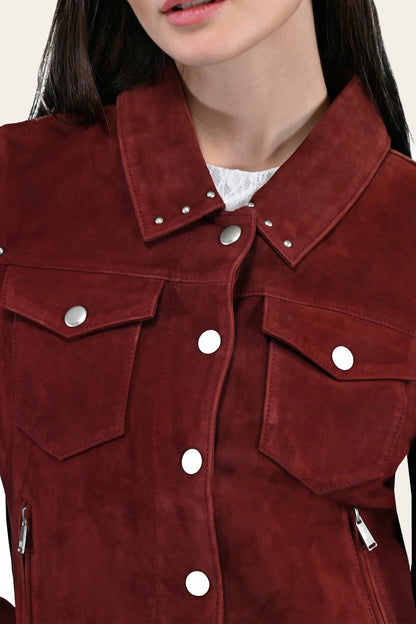 FRYE Women’s Oxblood Nash Trucker Suede Jacket