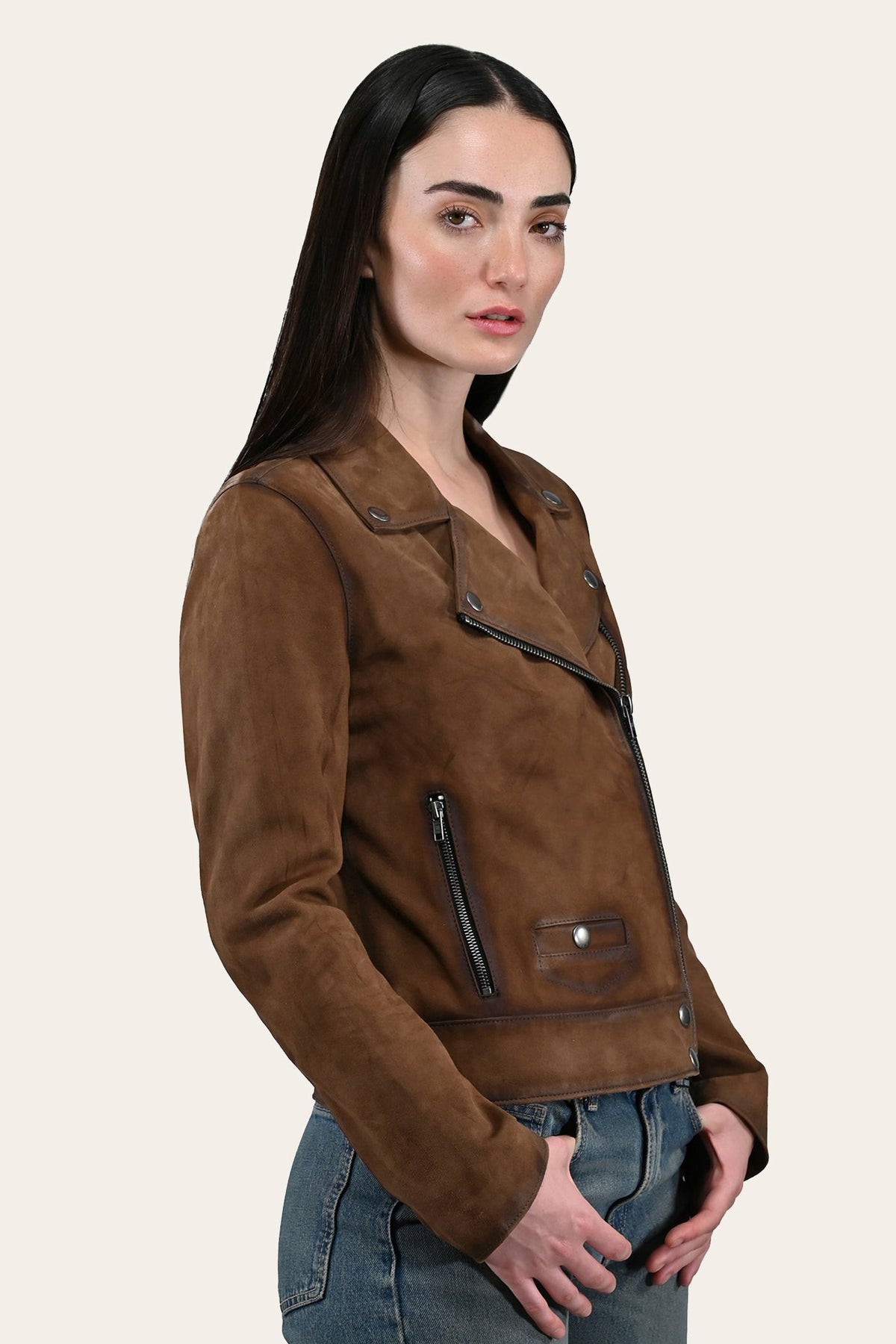 FRYE Women’s Dark Taupe Oakley Vintage Suede Biker Jacket