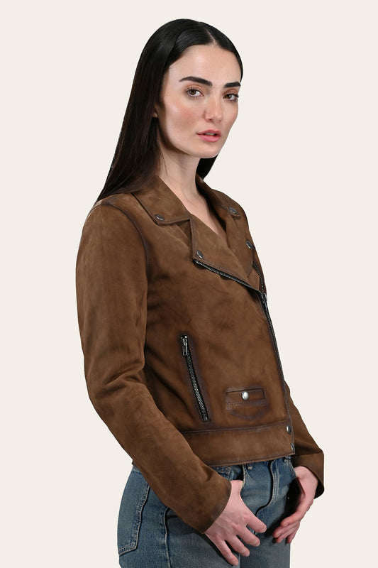 FRYE Women’s Dark Taupe Oakley Vintage Suede Biker Jacket
