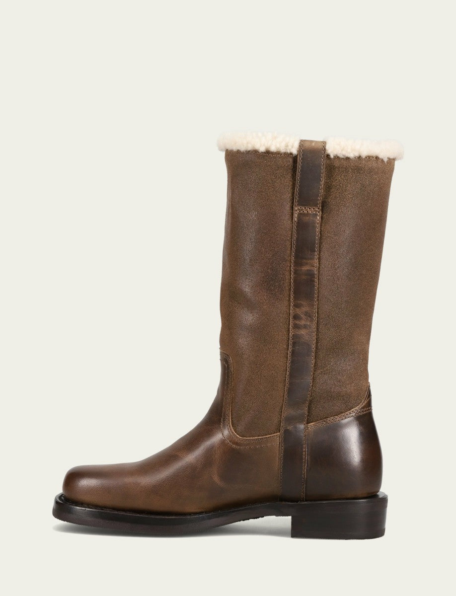 FRYE Women's Dark Taupe Campus Low Heel Mid Shearling Boot