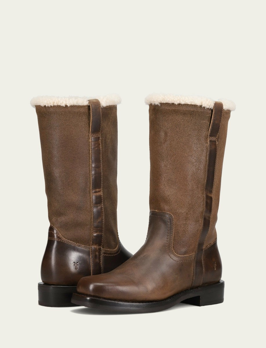 FRYE Women's Dark Taupe Campus Low Heel Mid Shearling Boot