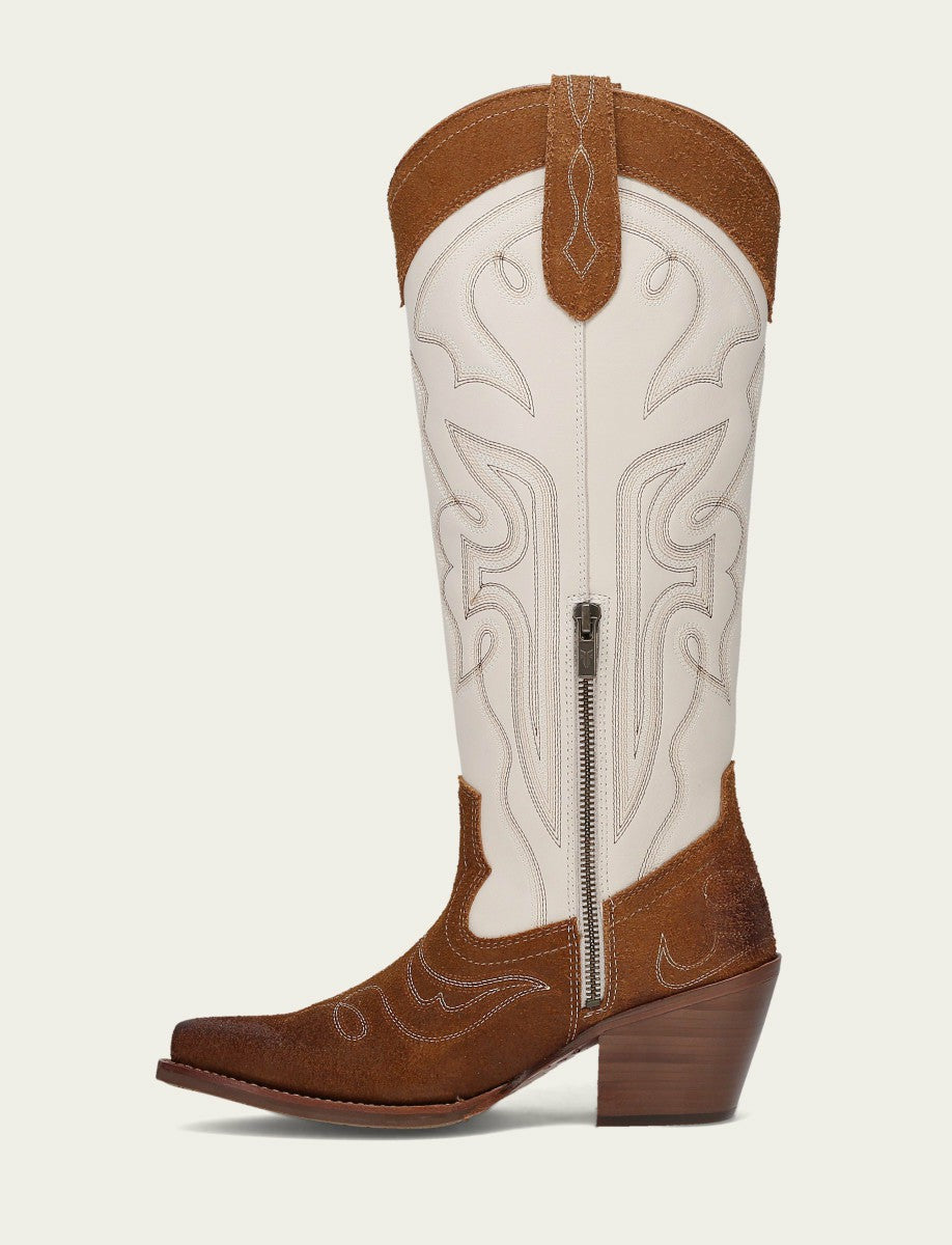 FRYE Women’s Caramel Ivory Laila Double F Deco Leather Tall Boots