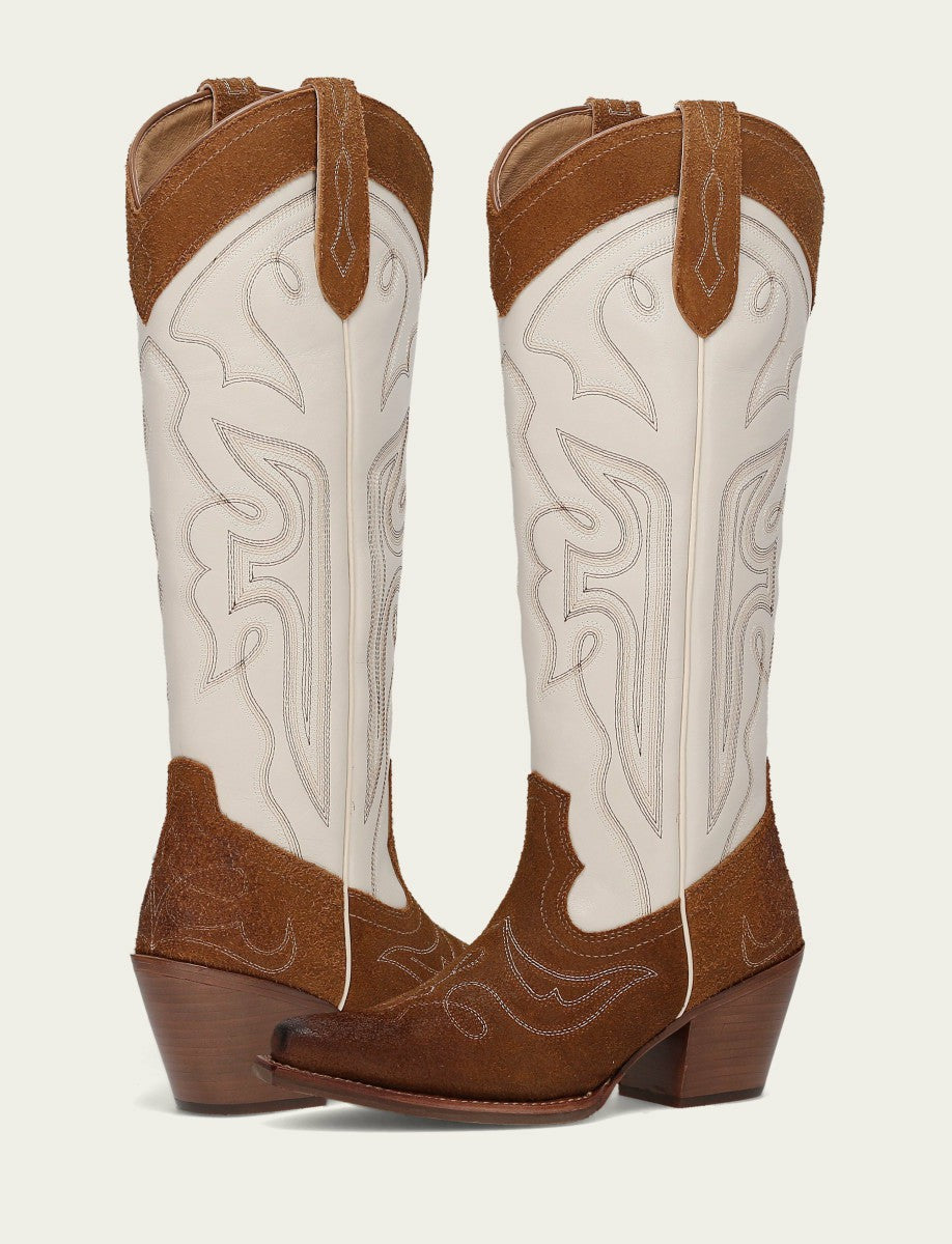 FRYE Women’s Caramel Ivory Laila Double F Deco Leather Tall Boots