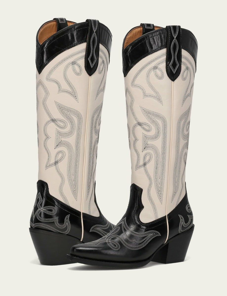 FRYE Women’s Black/Ivory Laila Double F Deco Leather Boots