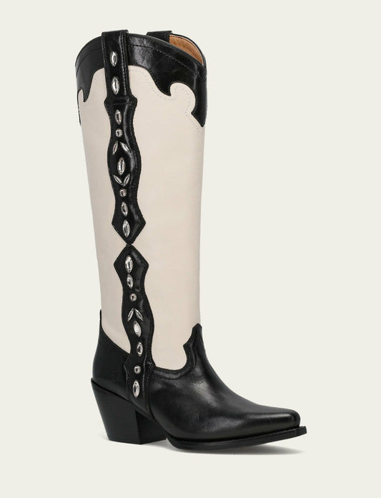 FRYE Women’s Black/Ivory Leather Laila Tall Rhinestone Boots