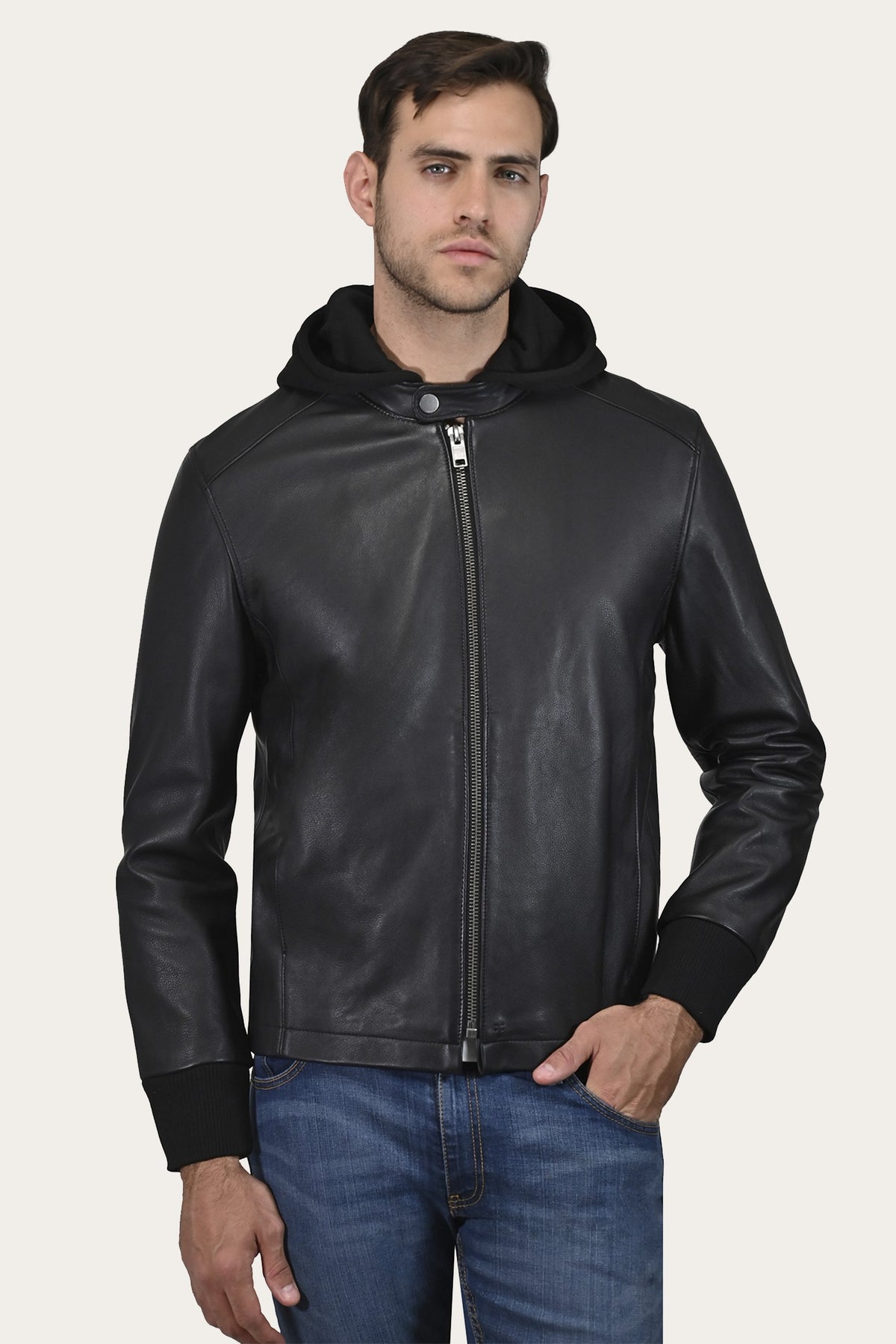FRYE Men’s Black Saddle Racer Leather Hooded Jacket