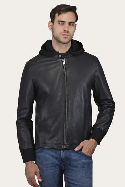 FRYE Men’s Black Saddle Racer Leather Hooded Jacket
