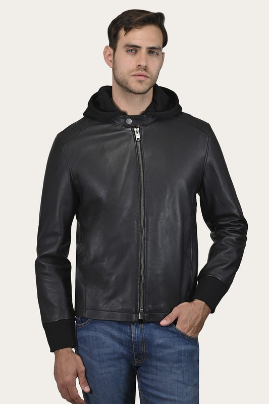 FRYE Men’s Black Saddle Racer Leather Hooded Jacket