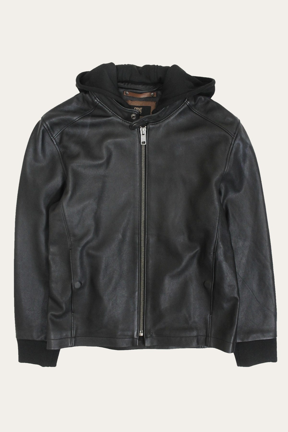 FRYE Men’s Black Saddle Racer Leather Hooded Jacket
