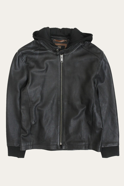 FRYE Men’s Black Saddle Racer Leather Hooded Jacket