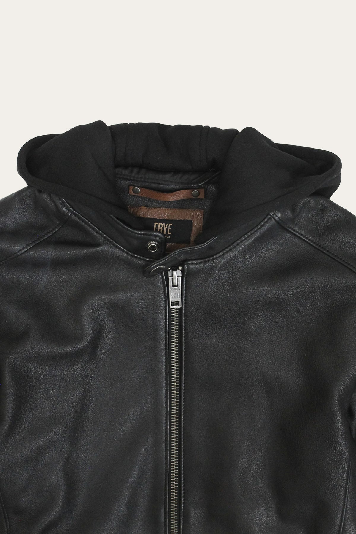 FRYE Men’s Black Saddle Racer Leather Hooded Jacket