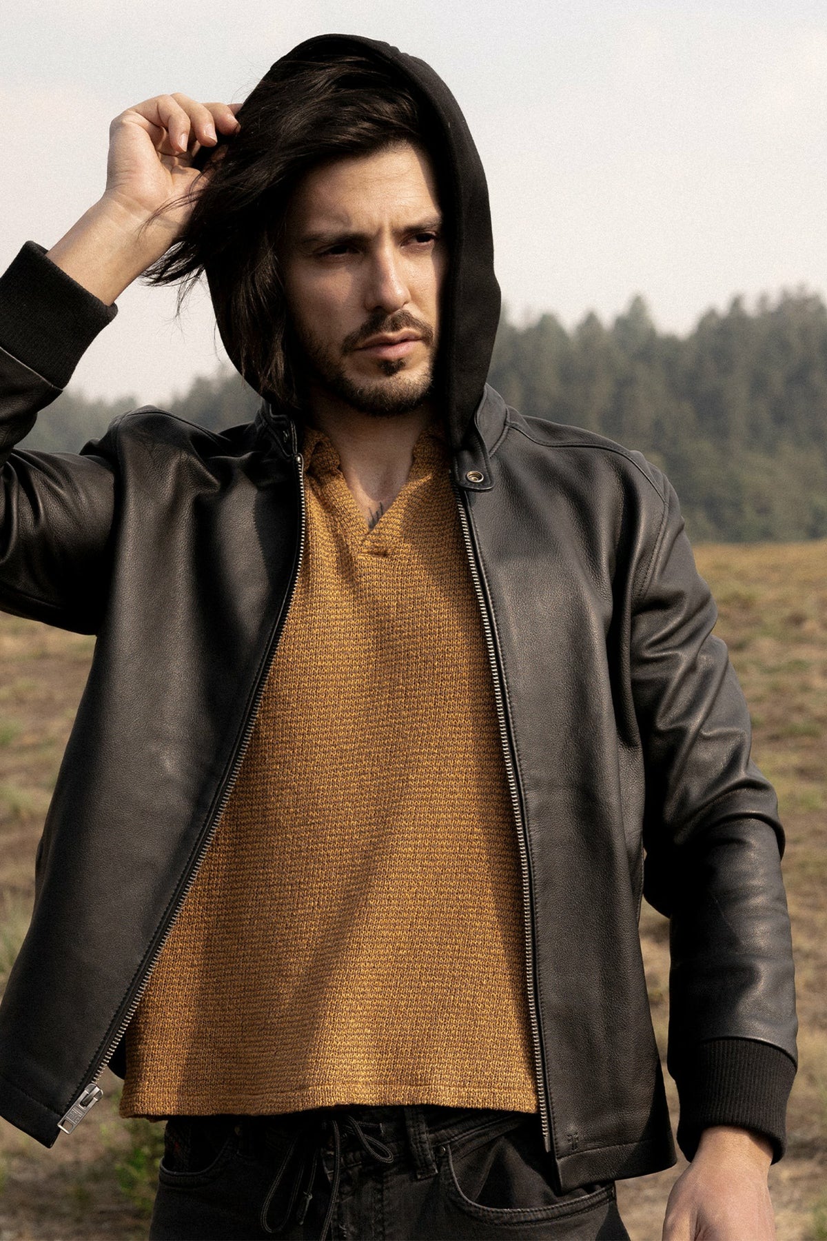 FRYE Men’s Black Saddle Racer Leather Hooded Jacket