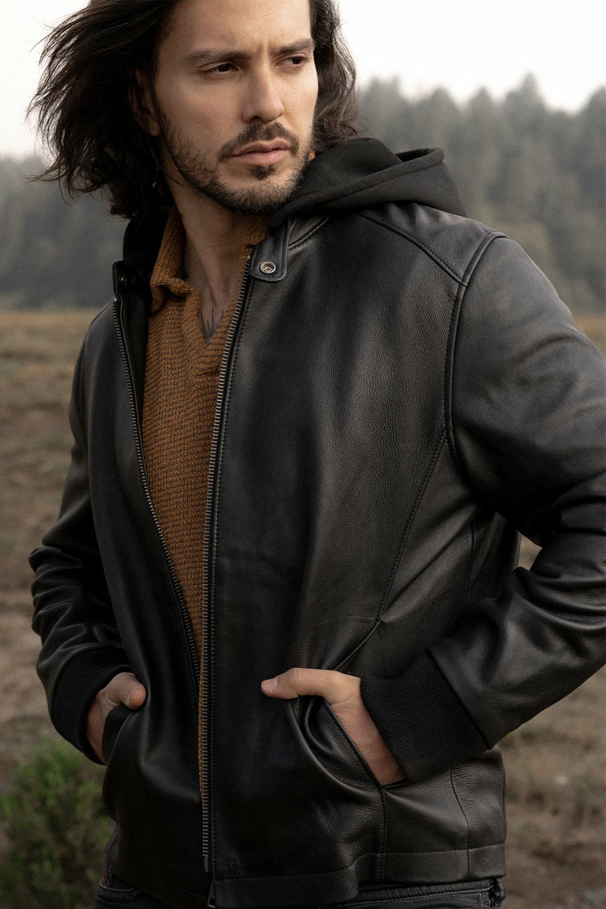 FRYE Men’s Black Saddle Racer Leather Hooded Jacket