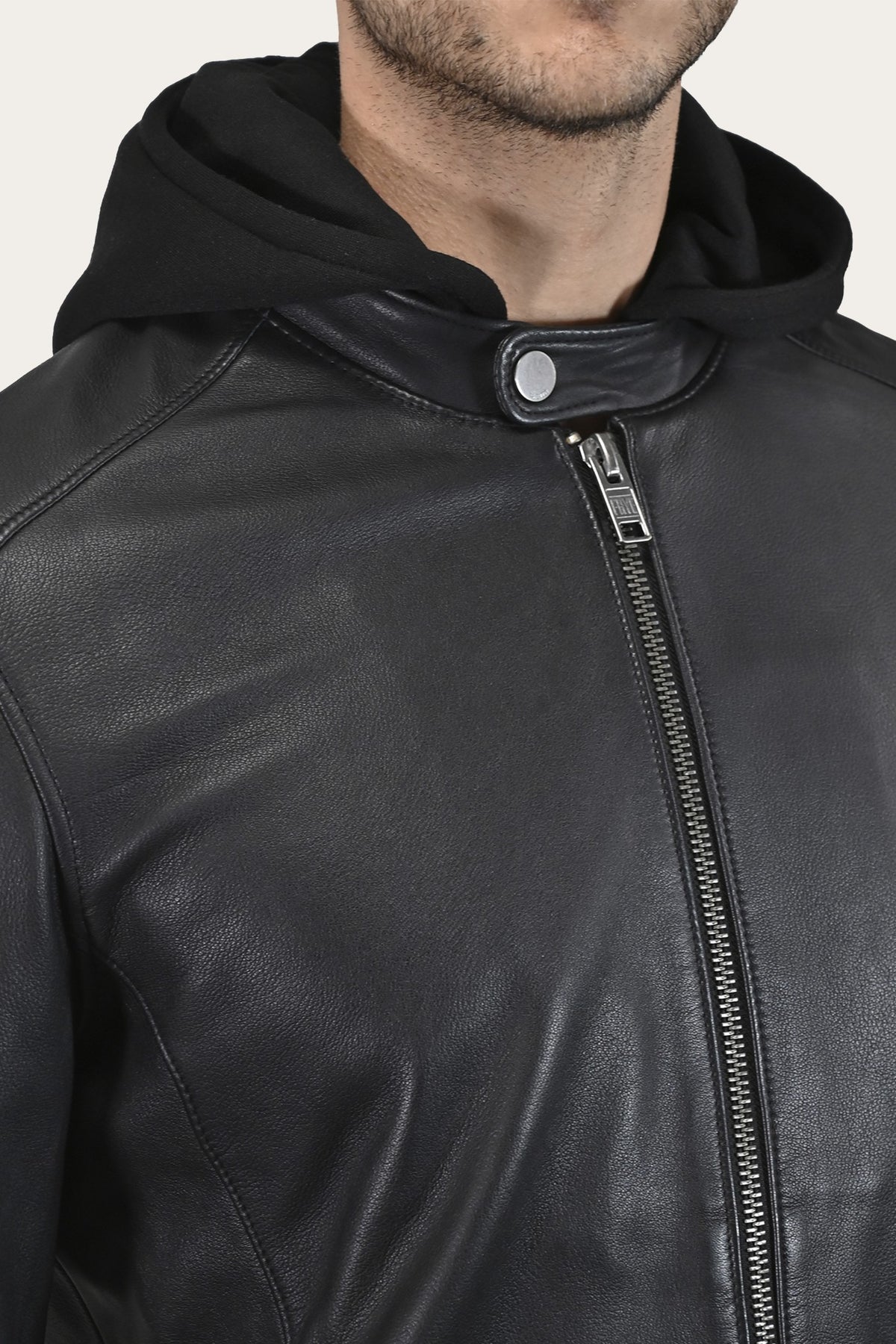 FRYE Men’s Black Saddle Racer Leather Hooded Jacket