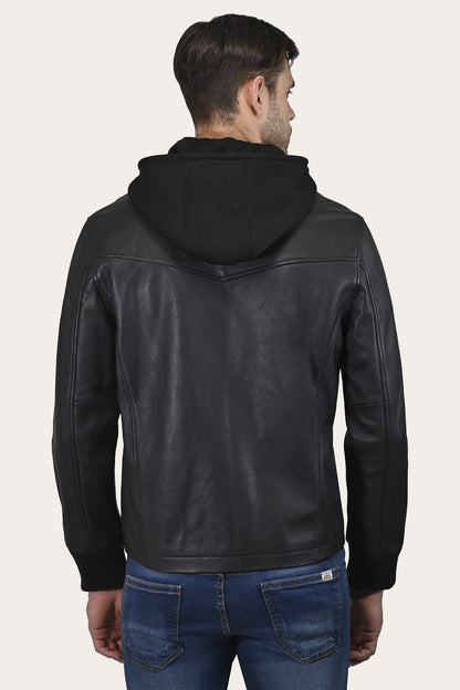 FRYE Men’s Black Saddle Racer Leather Hooded Jacket
