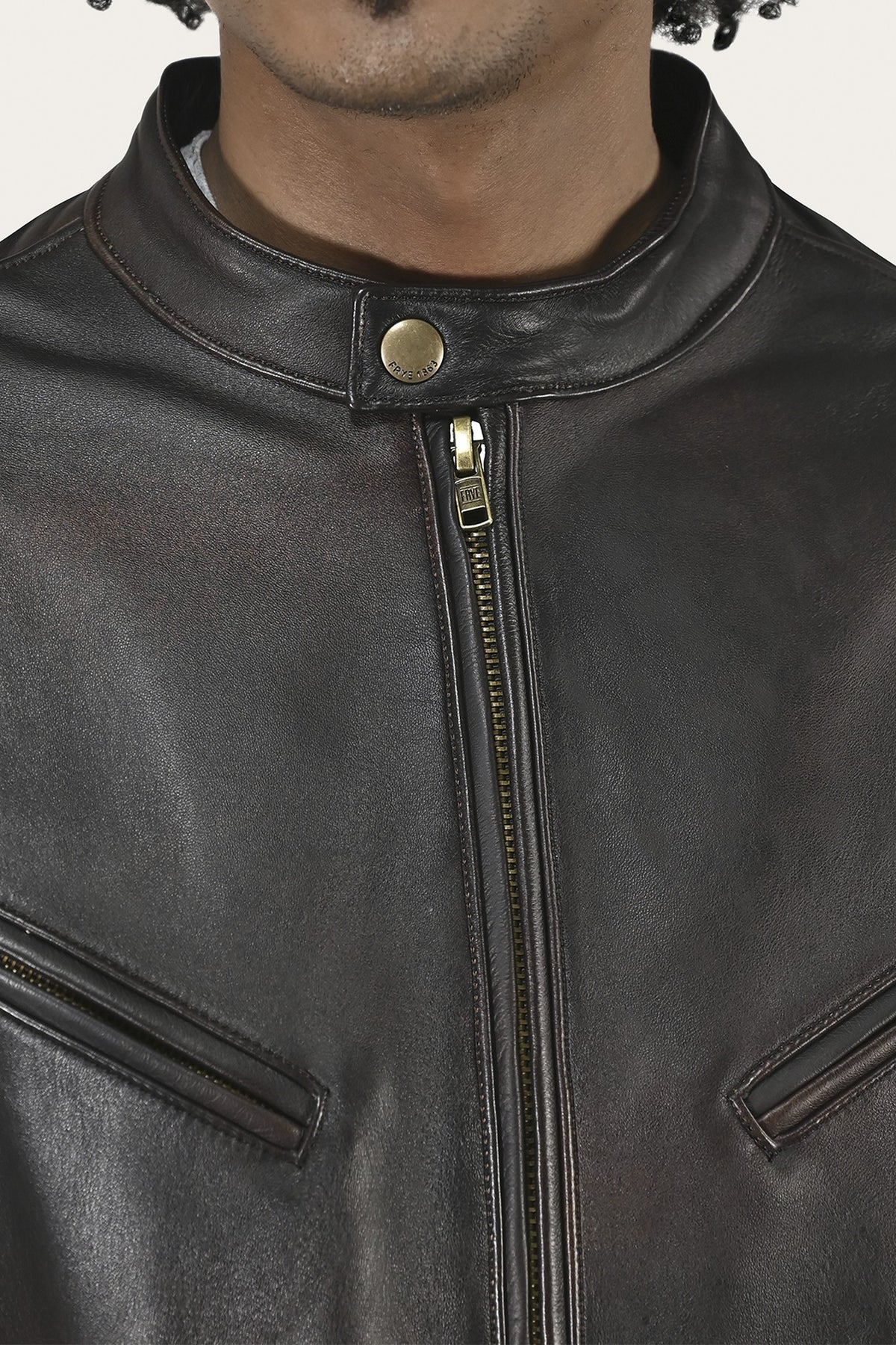 FRYE Men’s Cognac Black Huck Cowhide Racer Leather Jacket