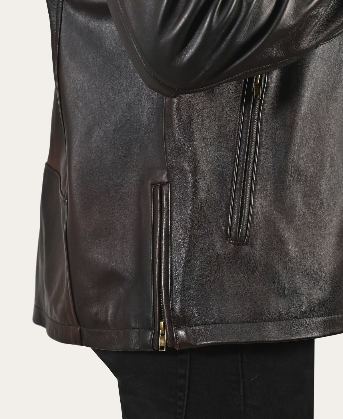 FRYE Men’s Cognac Black Huck Cowhide Racer Leather Jacket