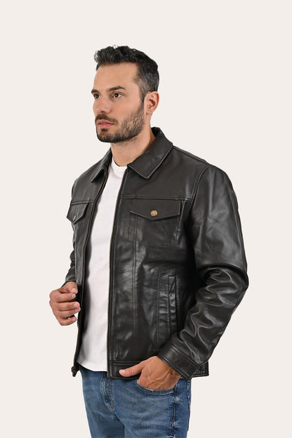 FRYE Men’s Dark Brown Kentucky Trucker Leather Jacket