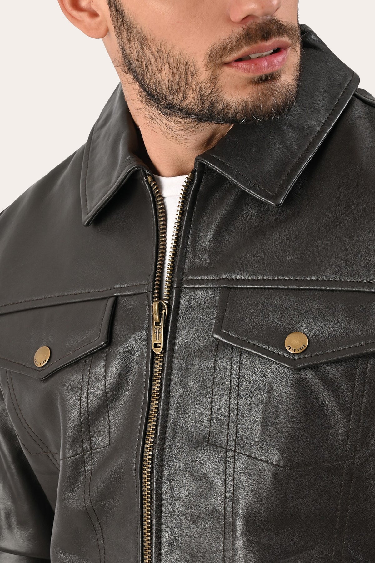 FRYE Men’s Dark Brown Kentucky Trucker Leather Jacket