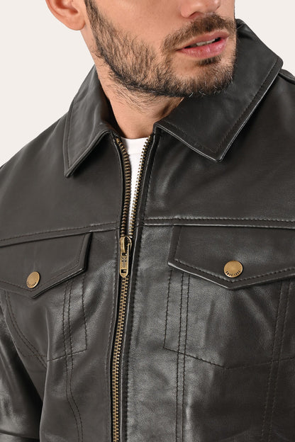 FRYE Men’s Dark Brown Kentucky Trucker Leather Jacket