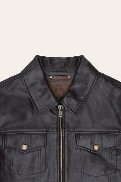 FRYE Men’s Dark Brown Kentucky Trucker Leather Jacket