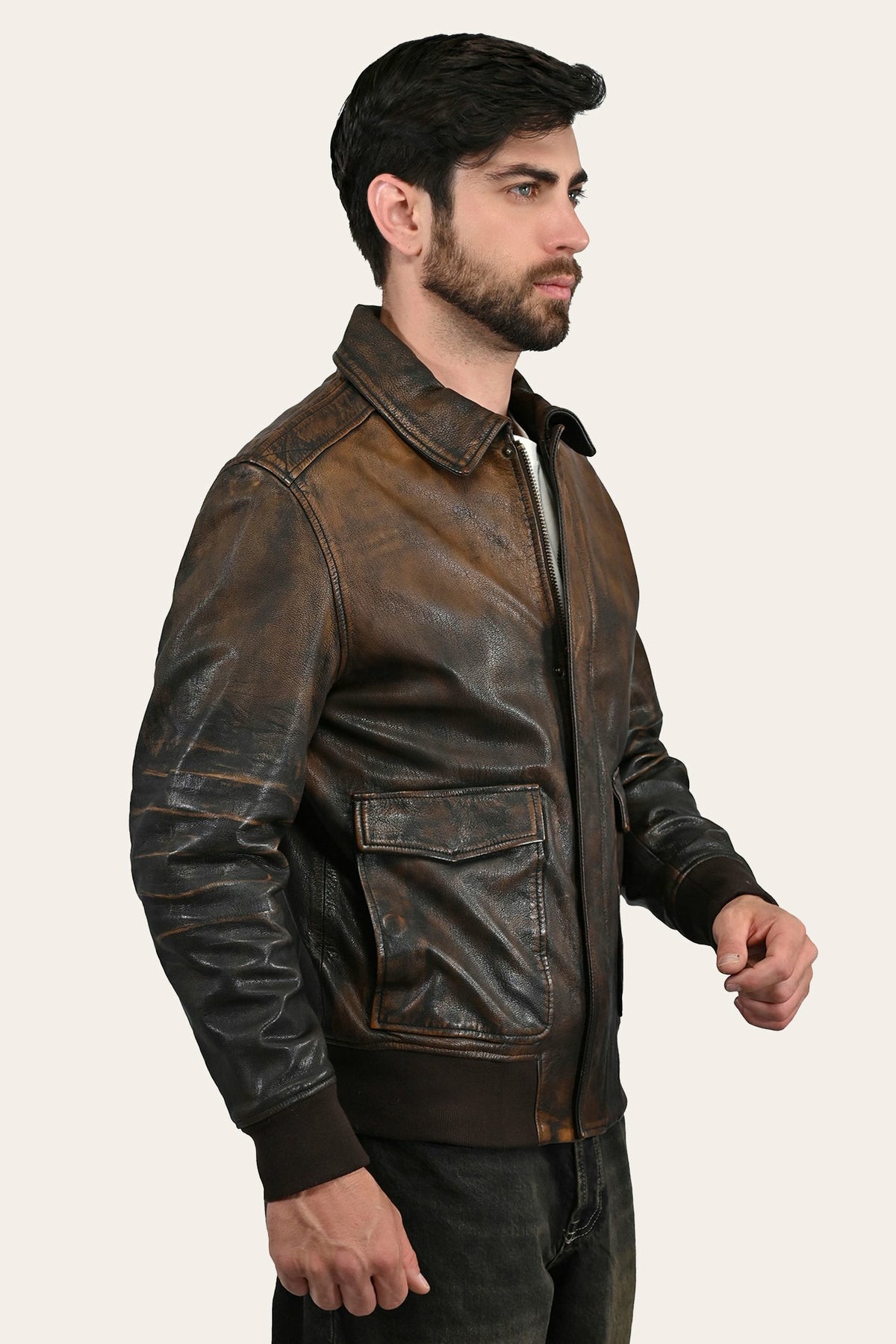 FRYE Men’s Brown Beige Nebraska Bomber Leather Jacket