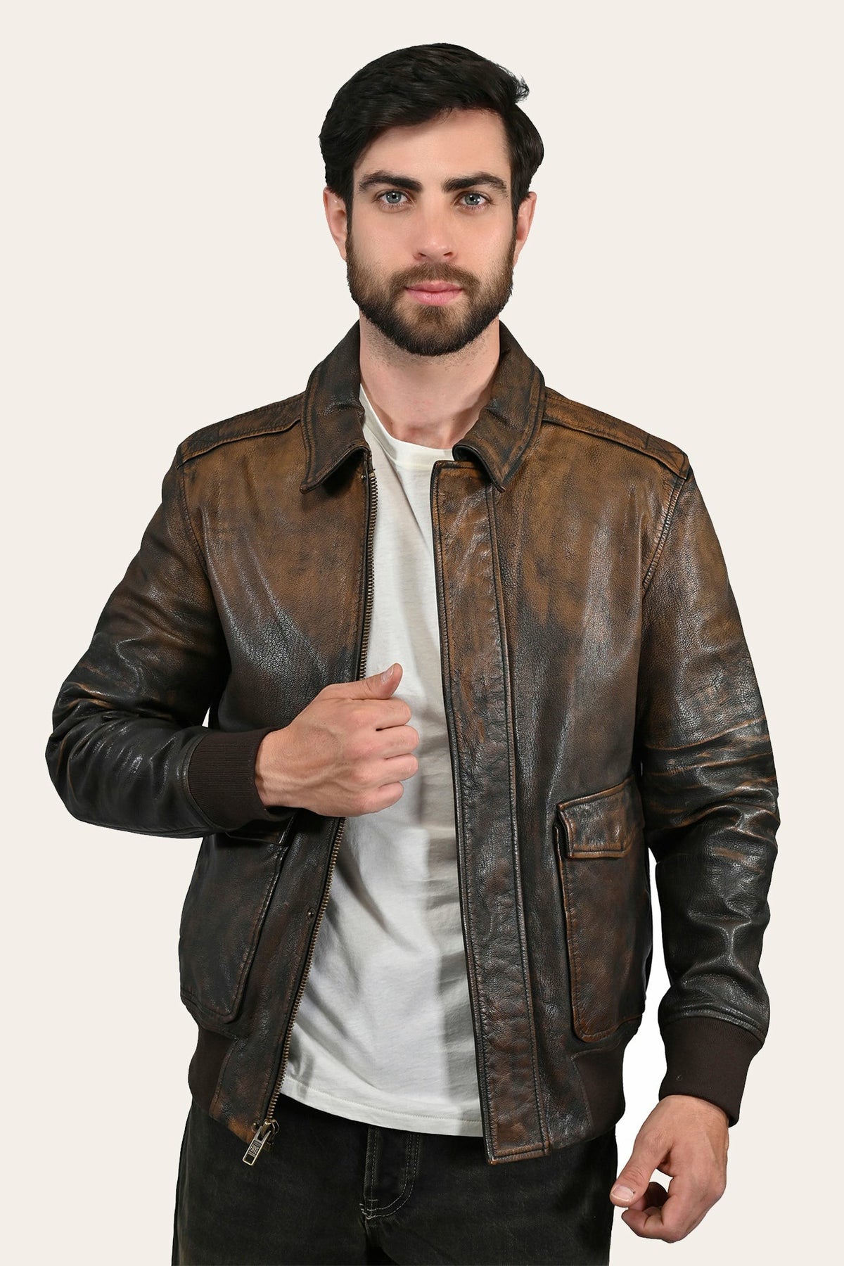 FRYE Men’s Brown Beige Nebraska Bomber Leather Jacket