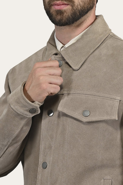 FRYE Men’s Taupe Trailblazer Suede Trucker Jacket