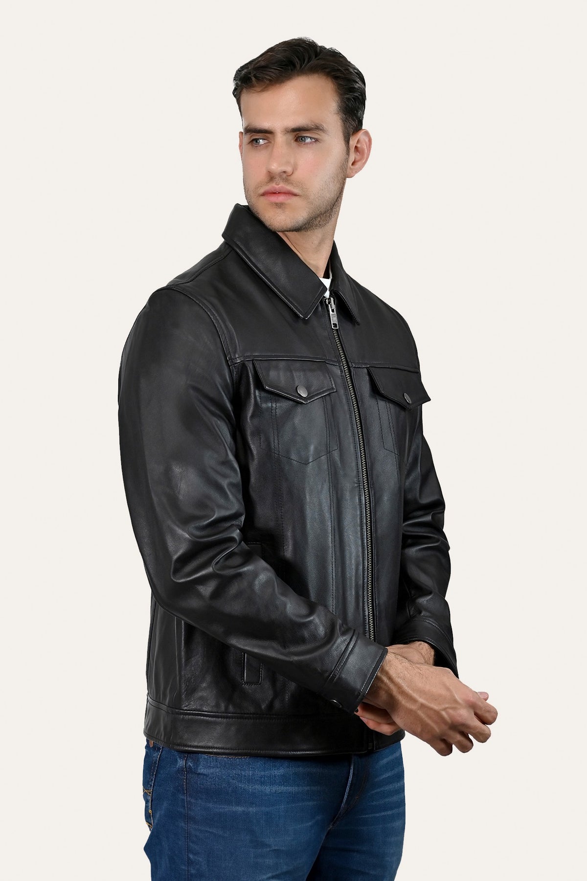FRYE Men’s Black Durango Trucker Leather Jacket