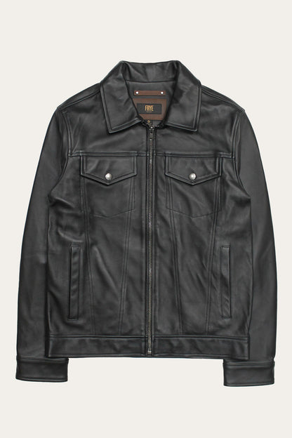 FRYE Men’s Black Durango Trucker Leather Jacket