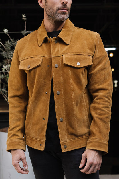 FRYE Men’s Tan Trailblazer Trucker Suede Jacket
