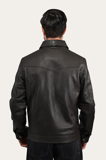 FRYE Men’s Dark Brown Durango Trucker Leather Jacket